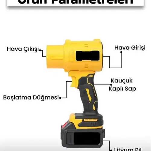 Gold Orion 21V Kablosuz Hava Üfleyici | 32.000RPM Turbo Fan, 12.000mAh Batarya, Bahçe & Araç Kurutma / Sarı
