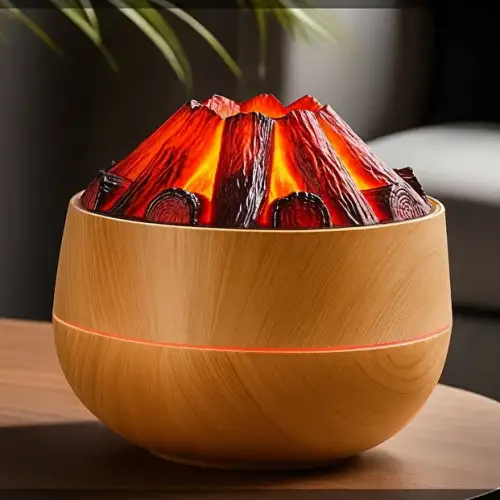 Egonex Ahşap Odun Ateşi Tasarımlı Hava Nemlendiricisi-Buhar Makinası-Aroma Difüzörü Led Işık Volkanik Alev 300ml