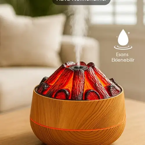 Egonex Ahşap Odun Ateşi Tasarımlı Hava Nemlendiricisi-Buhar Makinası-Aroma Difüzörü Led Işık Volkanik Alev 300ml