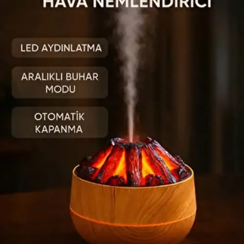 Egonex Ahşap Odun Ateşi Tasarımlı Hava Nemlendiricisi-Buhar Makinası-Aroma Difüzörü Led Işık Volkanik Alev 300ml