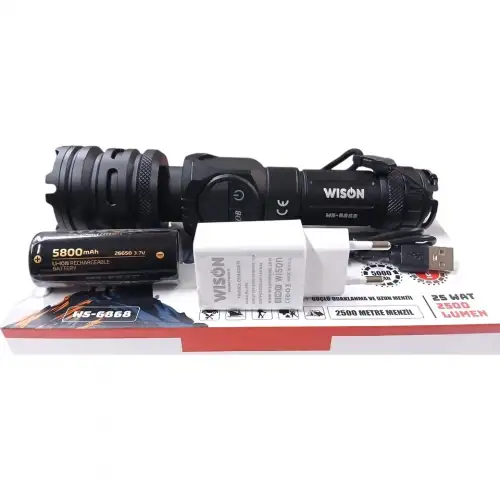 Wıson WS-6868 2500 lümen 25 wat 5000 mah Pil Şarj Edilebilir Uzun Menzilli El Feneri