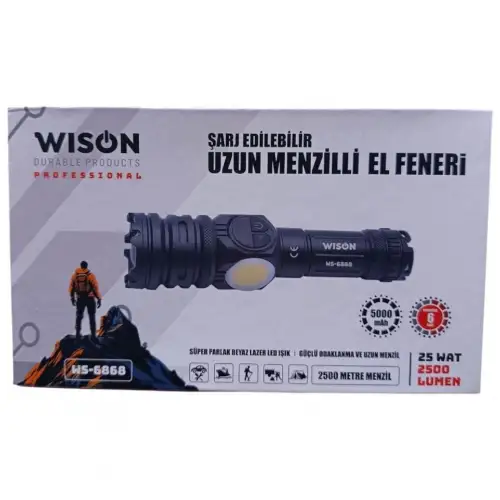 Wıson WS-6868 2500 lümen 25 wat 5000 mah Pil Şarj Edilebilir Uzun Menzilli El Feneri