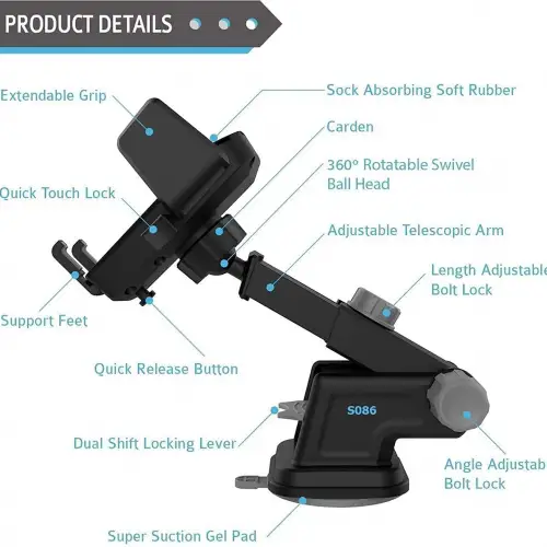 Araç İçi Ayarlanabilir Telefon Tutucu, Evrensel Uzun Kollu, Ön Cam İçin Akıllı Telefonlar İçin - Siyah