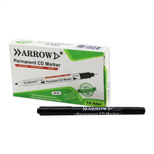 Arrow Ak-02 ( Siyah & 2 Uçlu ) ( Permanent=1mm ) + ( Cd Marker=0.4mm ) Kalemi*12x120