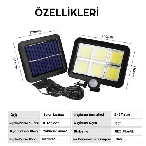 Egonex 120 Cob Led Solar Panel Güneş Enerjili 3 Mod Duvar Lambası