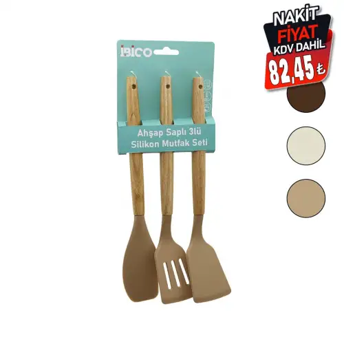 İbico İ22-010 ( 3pcs ) ( Renkli Silikon ) ( Spatula ) Mutfak Seti ( Ahşap & Bambu Saplı ) ( Klasik & Yan & Delikli Spatula) (30cm)*12x6