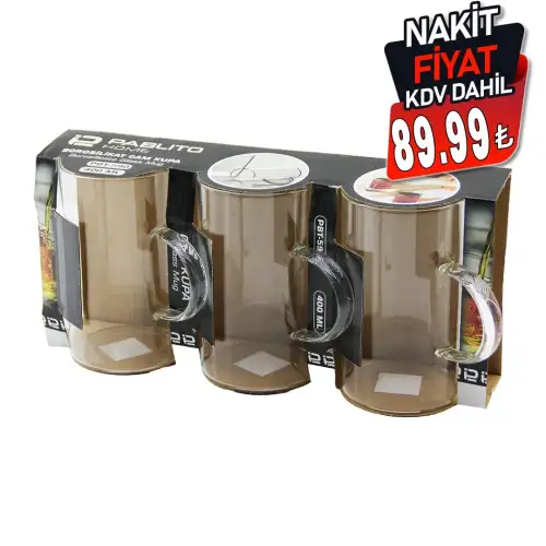 PABLITO HOME PBT-590 ( 3PCS ) ( 400ML ) ( KULPLU ) CAM KUPA BARDAK ( BROSİLİKAT ) (TERMİSİL & ISIYA DAYANIKLI)*16=K