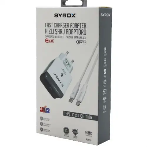 Syrox Pd18l ( İphone ) ( Type-c To Lıghtnıng ) ( Hızlı ) Ev Şarj Seti 3.0a 18w Pd*200