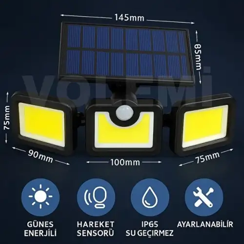 Volemi Üçlü Solar Led Projektör – Beyaz Işık – Sensörlü Dış Mekân Aydınlatma