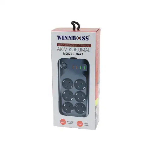 Wınnboss-3421 Termal Akım & Kısa Devre Korumalı (6lı Priz) (2+2 Usb-type-c) (2mt) (anahtarlı) Uzatma Kablo (16a & 4000w)*30
