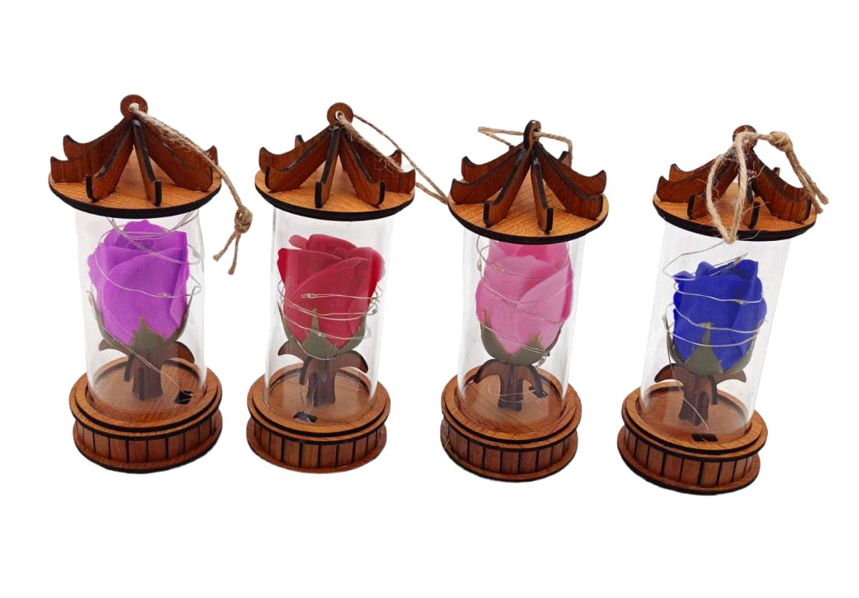 HKNCO-126 ( KÜÇÜK ) AHŞAP & CAM FANUS LEDLİ GÜL*12X10