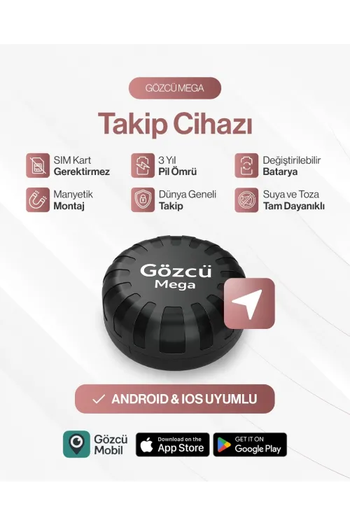 Gözcü Mega Android ve İos Uyumlu Takip Cihazı 3 Yıl Pil Ömrü Geçmişe Dönük Konum Gps Araç Motor Çocuk Gizli