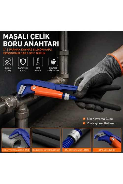 Man ( 1 Parmak ) Maşalı Çelik Boru Anahtarı ( Silikon Kaplı Ergonomik Sap & 90°c Burun )*36