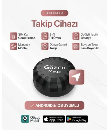 Gözcü Mega Android ve İos Uyumlu Takip Cihazı 3 Yıl Pil Ömrü Geçmişe Dönük Konum Gps Araç Motor Çocuk Gizli