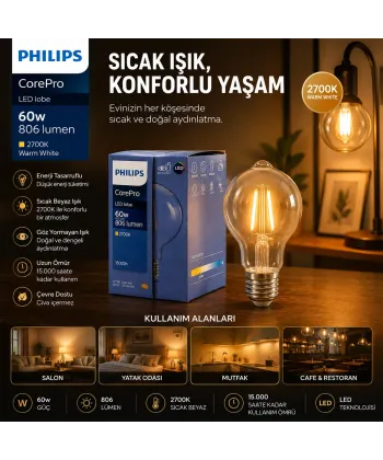 Egonex Phılıps-346772 00 Corepro G93 ( 2700k & E27 ) ( 7w = 60w & E27 ) ( Led Filament & Rustik Ampul ) Lamba ( 806 Lumen ) ( Cam Gövde )*6=k