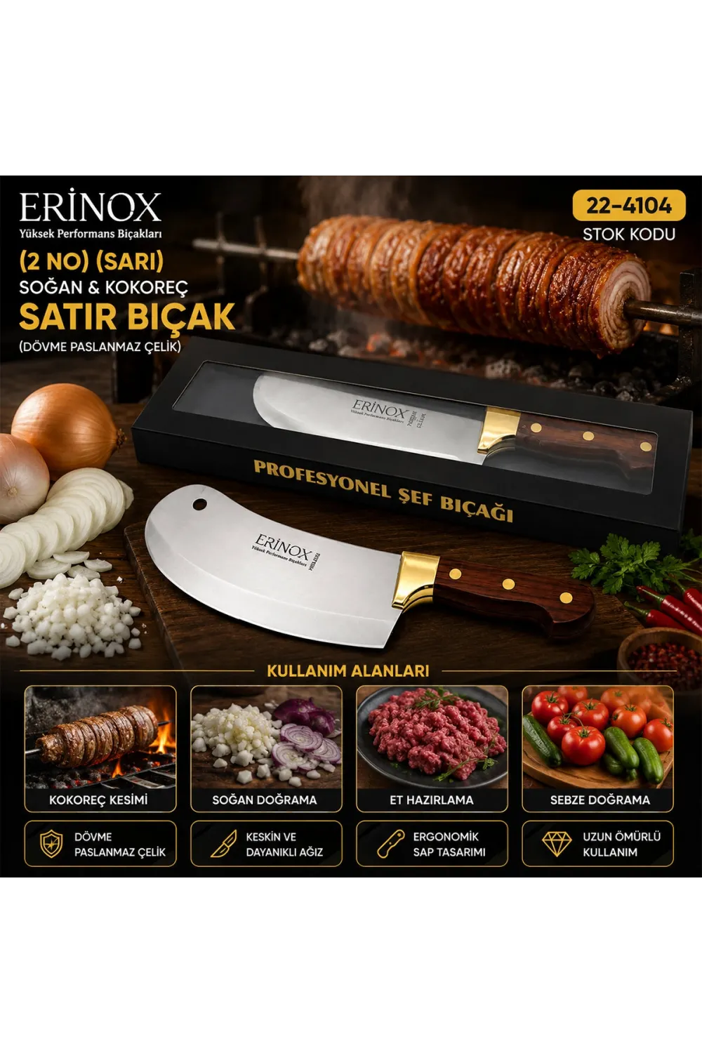 Egonex Erinox Ps-0110 ( 2 No ) ( Sarı ) ( Soğan & Kokoreç ) ( Zırh ) Satır Bıçak ( Dövme Paslanmaz Çelik )*100