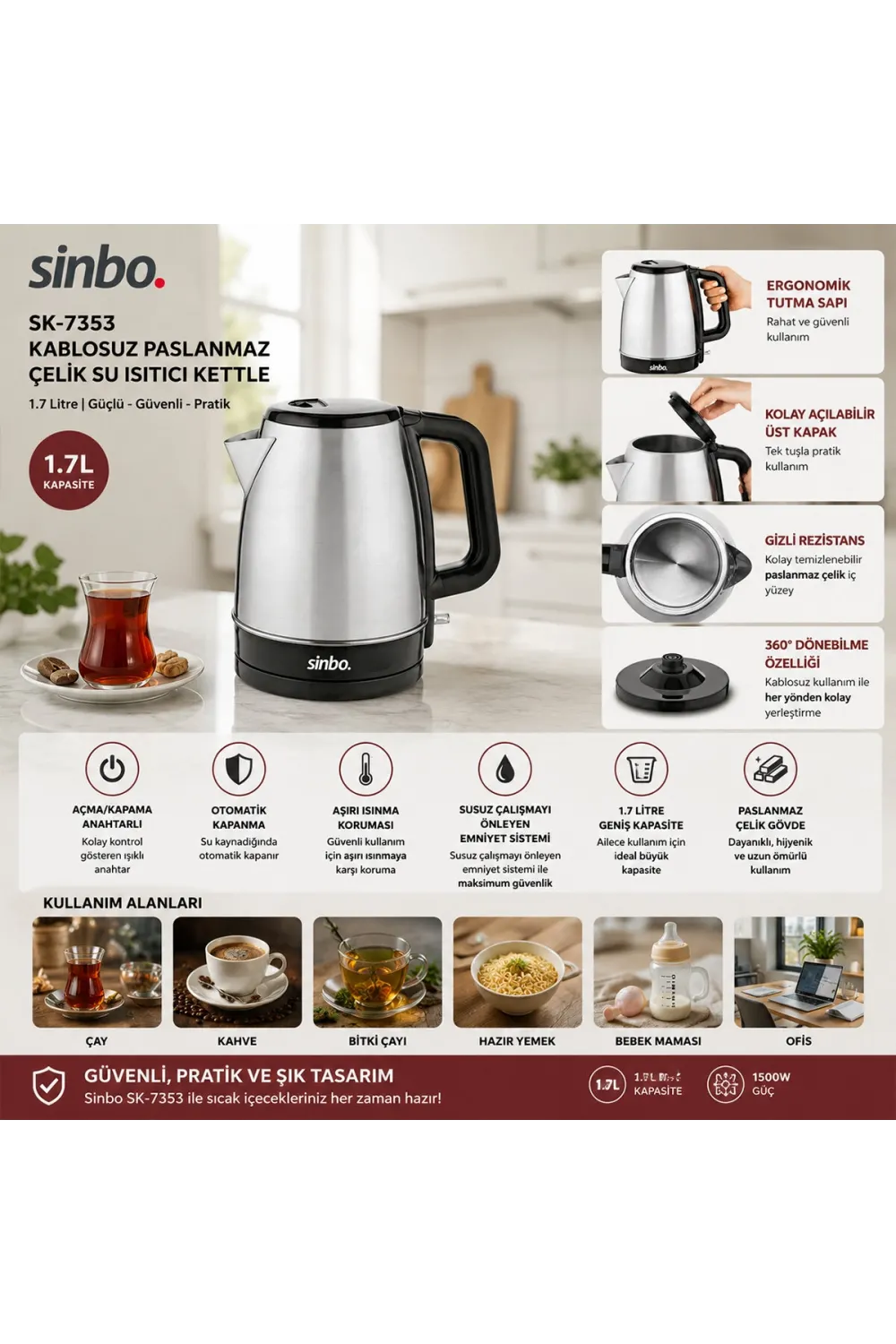 Egonex Sinbo Sk-7353 ( Paslanmaz ) Kablosuz Su Isıtıcı Çelik Kettle ( 1.7lt )*8