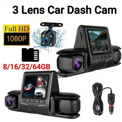 1080p Üçlü Lens Araba Dash Cam Dashcam Ön İç & Arka Hd Araba Dvr 120 ° Açı Döngü Kaydı Yerçekimi Sensörü
