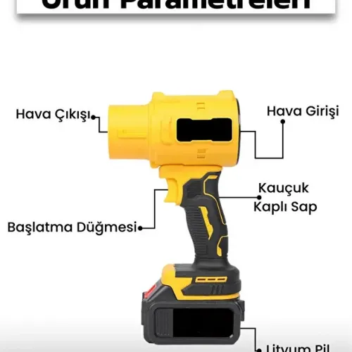 Gold Orion 21V Kablosuz Hava Üfleyici | 32.000RPM Turbo Fan, 12.000mAh Batarya, Bahçe & Araç Kurutma / Sarı