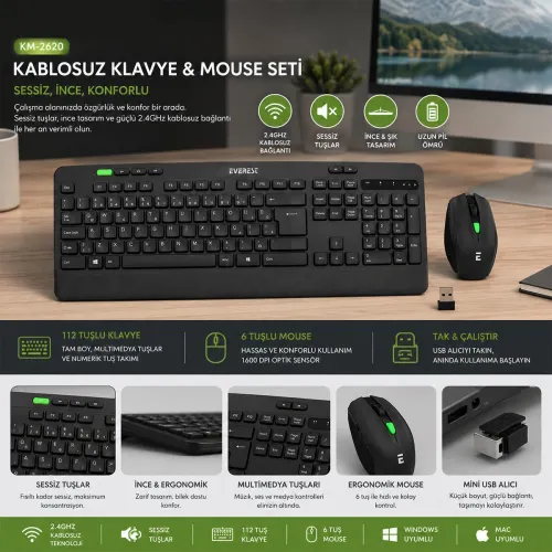 Egonex Everest Km-2620 ( Kablosuz ) Klavye & Mouse Seti ( Siyah ) ( Usb & Sessiz & Switch ) ( Q Klavye )*20