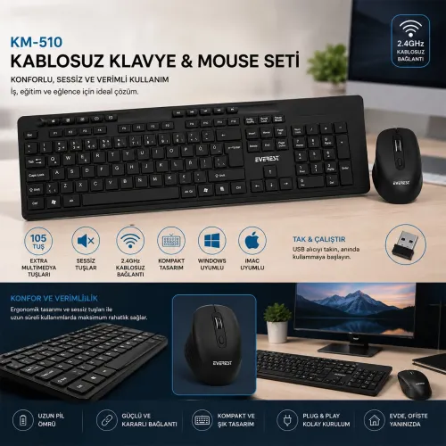 Egonex Everest Km-510 ( Kablosuz ) Multimedia Klavye & Mouse Seti ( Siyah ) ( Q Klavye )*10