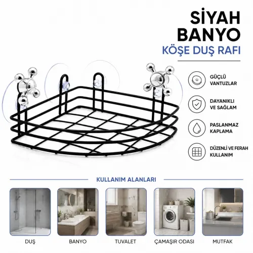 Egonex Orsa-921 ( Vantuzlu )  Çok Amaçlı Siyah Kare Banyo Raf Köşeli*12=k