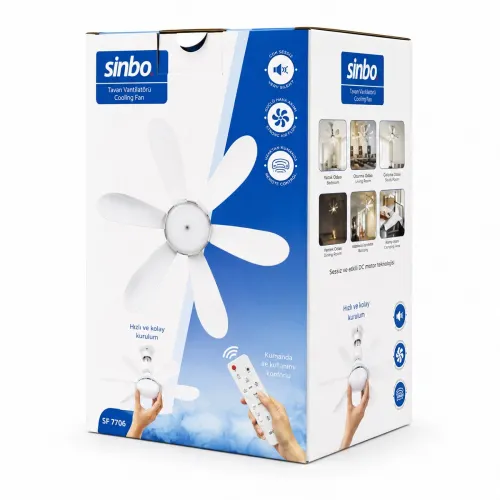 Egonex Sinbo Sf-7708 (3 Led Aydınlatmalı & Sessiz Çalışma) (6 Kanat & Kumanda) Tavan Vantilatör*6