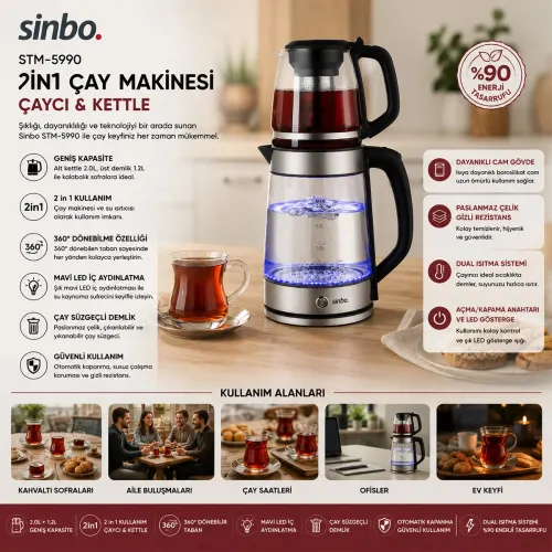 Egonex Sinbo Stm-5990 ( 2in1= Çaycı & Kettle ) ( Çelik ) Elektrikli Çay Makinesi ( 2lt + 1,2lt ) ( Çay Süzgeçli ) ( 360° Dönebilir )*4
