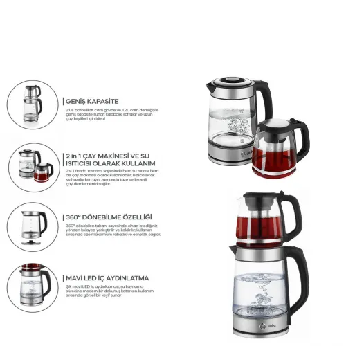 Egonex Sinbo Stm-5990 ( 2in1= Çaycı & Kettle ) ( Çelik ) Elektrikli Çay Makinesi ( 2lt + 1,2lt ) ( Çay Süzgeçli ) ( 360° Dönebilir )*4