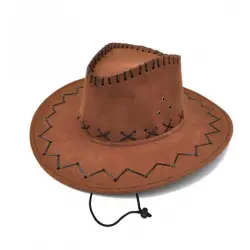 Bağcıklı Yetişkin Boy Nubuk Süet Kovboy Şapkası