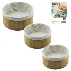 İBİCO İ12-069 ( 3 BOY ) ( YUVARLAK ) ( BAMBU KENAR ) ORGANİZER SEPET ( AHŞAP ALTLIK & BEZLİ ) ( 21X25X28CM )*24