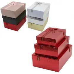 İBİCO İ12-097 (3PCS) (D.DÖRTGEN) (PARLAK MİX RENKLİ & KABARTMA DESEN) KARTON HEDİYE KUTUSU (KURDELALI) (33X24.5-28.5X20.5-24X16.5CM)*20