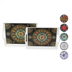 MENNUR HOME MNR-139 ( 2Lİ SET & DİKDÖRTGEN ) LOTUS TEPSİ (KULPLU RENKLİ DESENLİ) (22.2X30.4CM & 25.5X33.8CM)*12=K