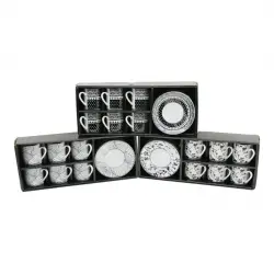 NEWLİFE CLKN-2371 ( SİYAH & BEYAZ ) ( 12PCS=6-TAKIM ) PORSELEN KAHVE FİNCANI ( ÇİÇEK & ÇİZGİ & NOKTA MİX DESEN )*12