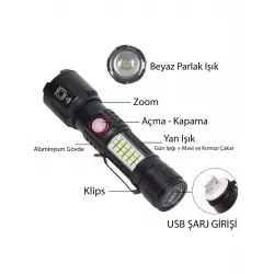 WS-2828 Ultra USB Şarjlı Polis El Feneri, Bekçi, Asker El Feneri Kırmızı Mavi Çakarlı 1000 Lümen