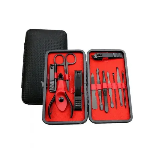 12 Parça Manikür Pedikür Seti Paslanmaz Çelik Deri Çantalı Siyah Tırnak Makası Bakım Seti