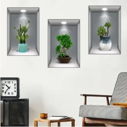 3D Çiçek Vazo Duvar Sticker 3 lü Set GRİ Fon