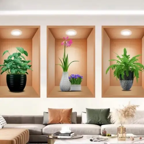 3D Çiçek Vazo Duvar Sticker 3 lü Set Kahverengi Fon