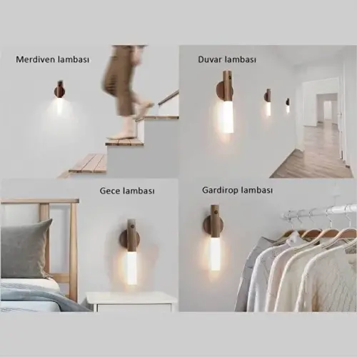 Sensörlü USB Şarjlı Mıknatıslı Taşınabilir Duvar Aplik Masa Lambası Ahşap Görünümlü Gün Işığı