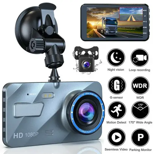 Araba DVR Dash Cam Arka Görünüm Kameralı: 4 inç HD 1080p Çift Lens Araç Video Kaydedici Akıllı G-Sensör ve 170 Dereklik Geniş Açılı