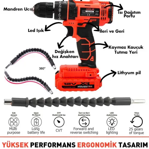 ASSUR 12v Çift Akülü Vidalama Metal Şanzıman Şarjlı Darbeli Matkap