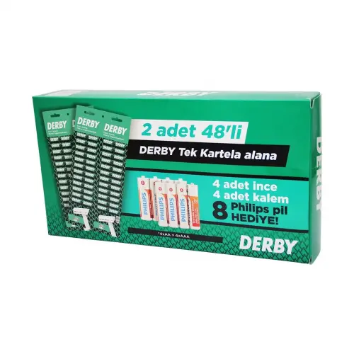 DERBY ( TEK BIÇAK ) ( 96PCS ) KARTELA SAPLI JİLET  (PHILIPS 4 KALEM + 4 İNCE PİL HEDİYELİ )*1X14