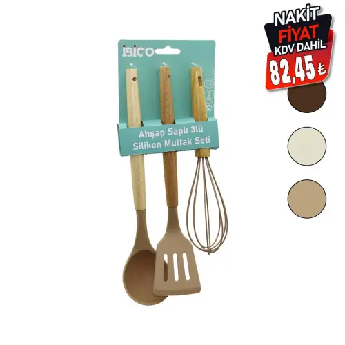 İBİCO İ22-008 ( 3PCS ) ( RENKLİ SİLİKON ) MUTFAK SETİ ( AHŞAP & BAMBU SAPLI ) ( ÇIRPICI & KEPÇE & SPATULA ) ( 25-30CM )*12X6