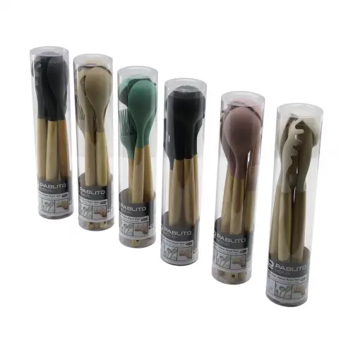 PABLITO PBT-513 (5PCS) (24.5-30CM) (R.SİLİKON) MUTFAK SERVİS SETİ (AHŞAP BAMBU SAP)(KAŞIK & KEPÇE & SPATULA & Y.FIRÇASI & S.KAŞIK)*24X2