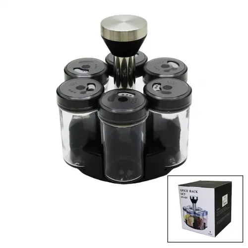 SPICE RACK OT-020 YAKUT-10754 ( 6PCS ) ( YUVARLAK ) CAM & PLASTİK KAPAK TUZLUK & BAHARATLIK ( DÖNER STANDLI )*24