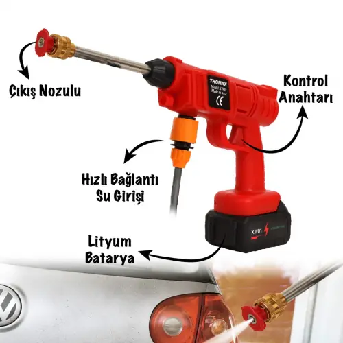 Thomax Şarjlı Ve Yüksek Basınçlı Oto Yıkama Makinesi Ve Sulama Tabancası Bahçe Yıkama Makinesi
