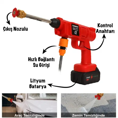 Thomax Şarjlı Ve Yüksek Basınçlı Oto Yıkama Makinesi Ve Sulama Tabancası Bahçe Yıkama Makinesi