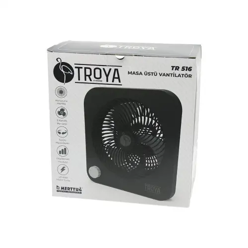 TROYA BY HOOK TR-516 MASA ÜSTÜ VANTİLATÖR (FAN=22CM) (3 KADEME HIZ) (40W) ( 3 PERVANE ) (SİYAH PLS.STAND=28X27X13CM)*6