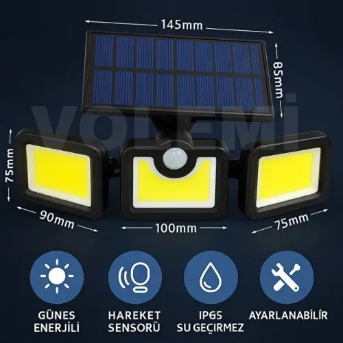 Volemi Üçlü Solar Led Projektör – Beyaz Işık – Sensörlü Dış Mekân Aydınlatma