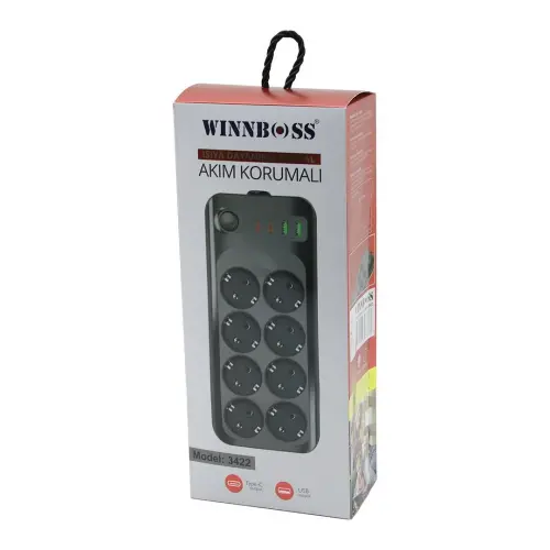 WINNBOSS-3422 TERMAL AKIM & KISA DEVRE KORUMALI (8Lİ PRİZ) (2+2 USB-TYPE-C) (2MT) (ANAHTARLI) UZATMA KABLO (16A & 4000W)*30
